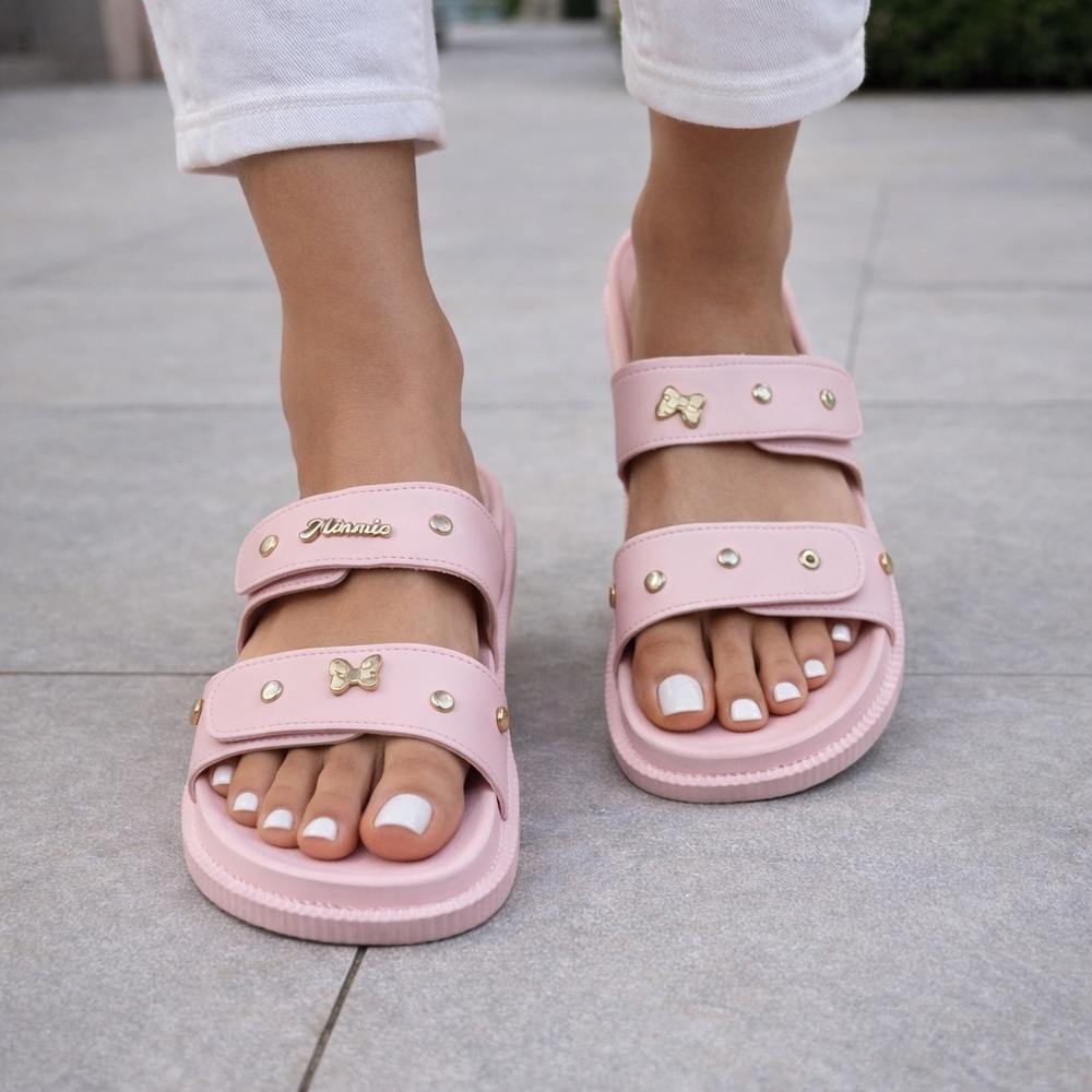 Disney Women’s Pink Minnie Mouse Slide Sandals with Rhinestone Details